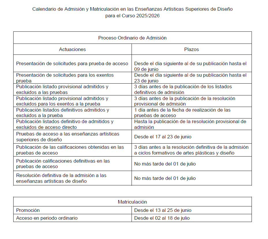 ABIERTO EL PLAZO DE ADMISIÓN DE SOLICITUDES PARA LAS PRUEBAS DE ACCESO A LAS ENSEÑANZAS ARTÍSTICAS SUPERIORES EN LAS ESPECIALIDADES DE DISEÑO GRÁFICO Y DISEÑO DE INTERIORES